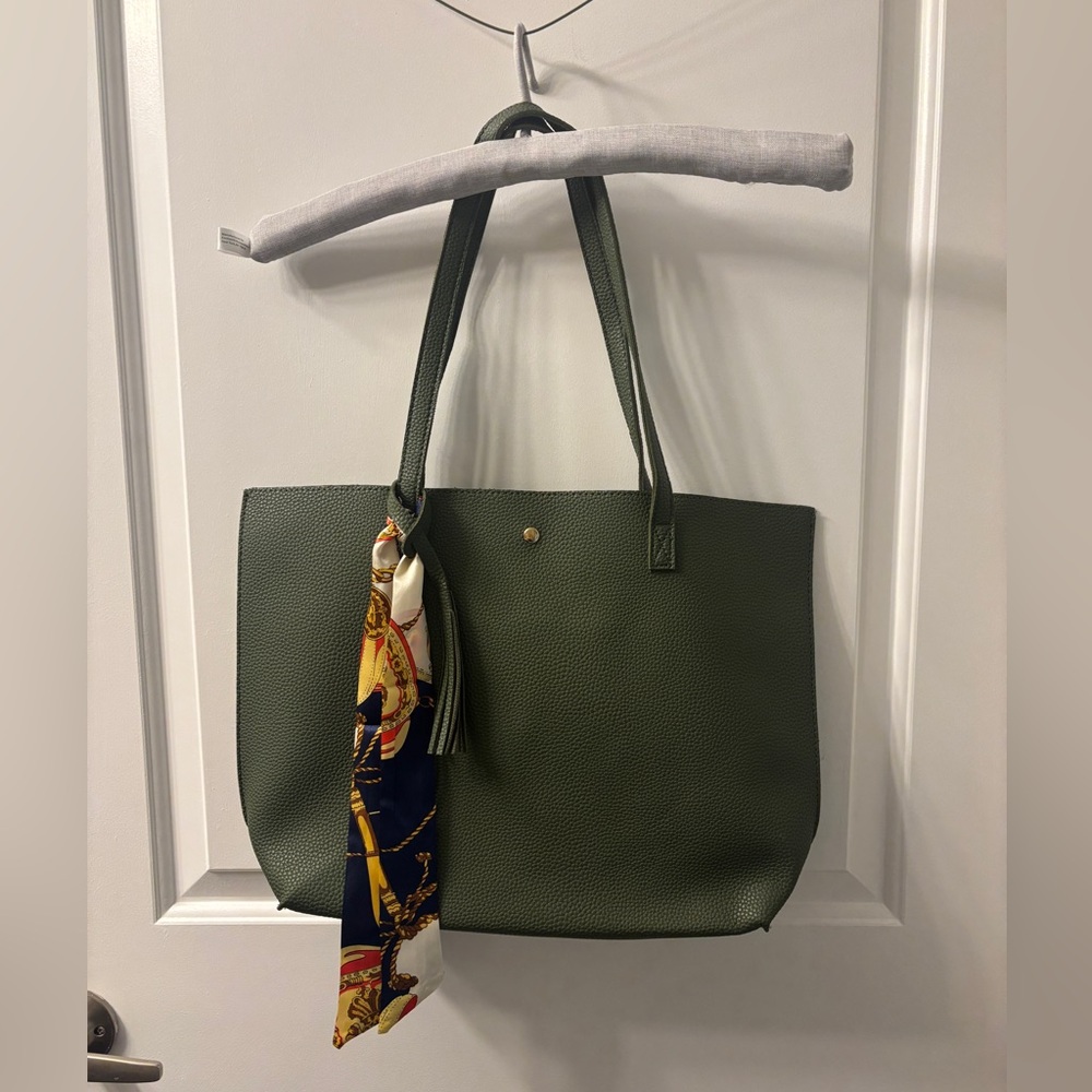Green tote with scarf detail